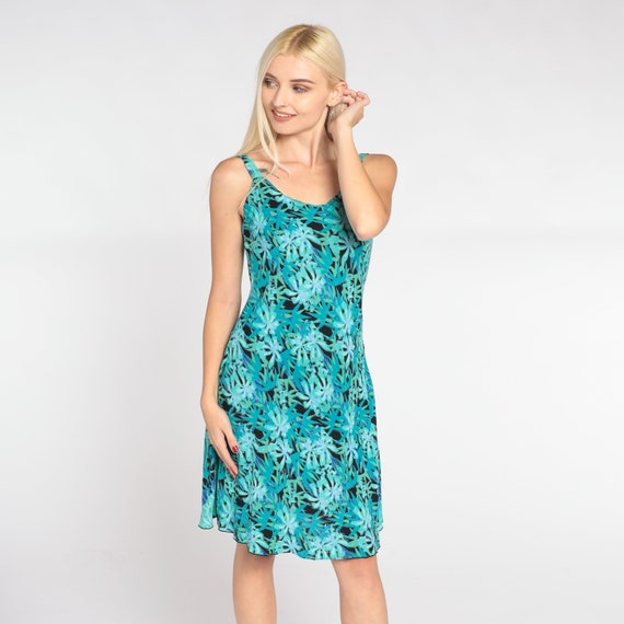 Tropical Dress Y2k Mini Dress Black Blue Orchid Floral Leaf Print Sheath Sleeveless Aloha Sundress Summer Tank Vintage 00s Rayon Small S