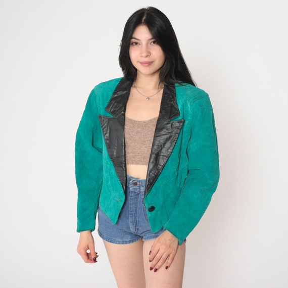 Teal Green Suede Blazer 90s Leather Jacket Retro Boho Glam Rocker Power Shoulder Button up Coat Shiny Black Collar Vintage 1990s Medium M