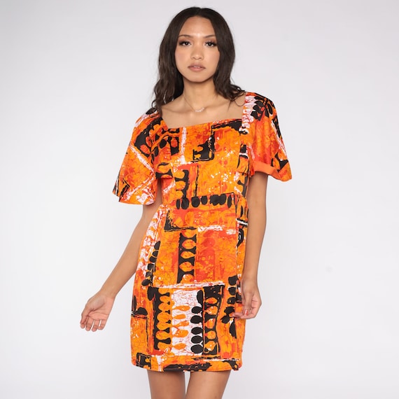 70s Hawaiian Dress Hilo Hattie Tropical Mini Dress Retro Babydoll Short Flutter Sleeve Empire Waist Mod Orange Aloha Vintage 1970s Small s
