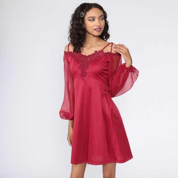 70s Mini Dress Burgundy Party Dress Babydoll Disco Grecian Off Shoulder Sheer Chiffon Sleeve 1970s Bohemian Cocktail Boho Extra Small xs