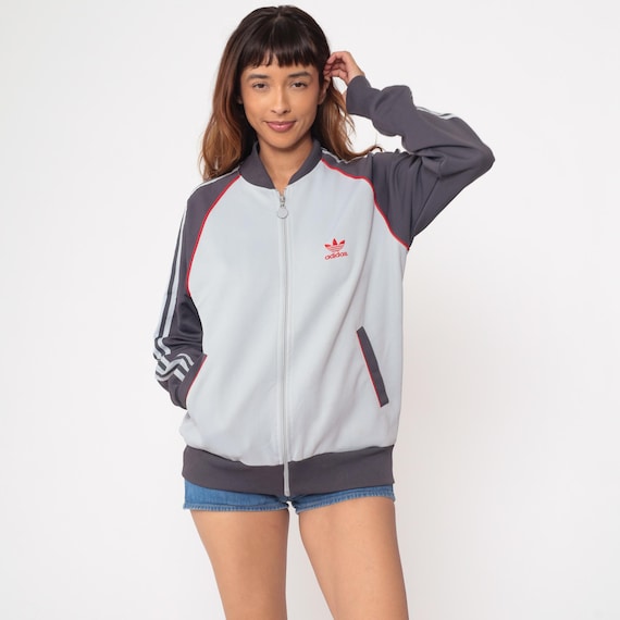 Adidas Track Jacket Vintage 80s Light Blue Grey Red Trim Three Stripes Raglan Sleeve Zip Front Athletic Sportswear Streetwear Medium M