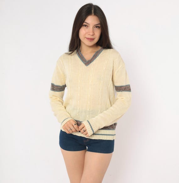 70s Cable Knit Sweater Cream V Neck Blue Brown Stripe Pullover Long Sleeve Ribbed Cuff Kennington Preppy Collegiate Tennis Cricket Small S
