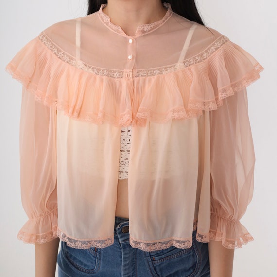 70s Bed Jacket Peach Pink Lingerie Top Ruffled La… - image 8