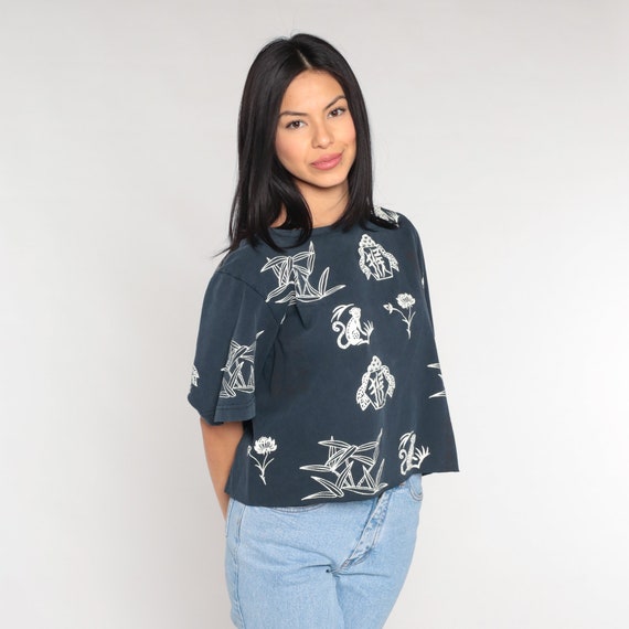 Monkey T-Shirt Y2k Asian Floral Shirt Bamboo Flower Graphic Tee Chinese Astrology T-Shirt Boxy Black White Vintage 00s Extra Large xl