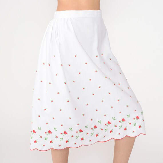 60s Floral Skirt White Embroidered Midi Rosebud Cotton Skirt 1960s High Waisted Scalloped Boho Retro Rose Skirt Romantic Vintage Small S