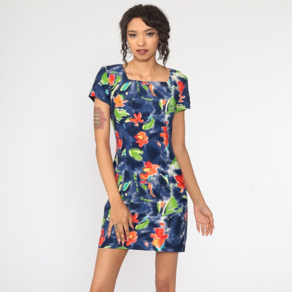 Floral Mini Dress Blue Watercolor Mini Dress 90s Boho Vintage Minidress Sheath Short Sleeve 1990s Summer Retro Rayon Small 4