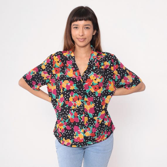 Black Floral Shirt Polka Dot 90s Short Sleeve Colorful Flowers Red Pink Yellow Green White Spots Vintage Blouse Collar Summer Women Large L