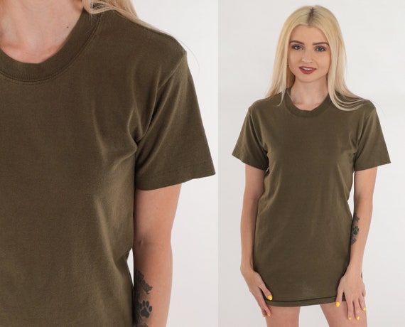 Olive Brown T-Shirt 80s Plain Tshirt Crewneck Shirt Basic Tee Solid Blank TShirt Crew Neck Short Sleeve Single Stitch Vintage 1980s Small S