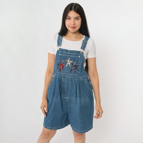 Vintage Maternity Overall Shorts 90s Americana Star Patch Print Denim Shortalls Blue Jean Romper Retro Blue Bib Suspender 1990s Small S