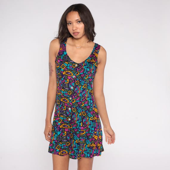 Abstract Print Romper 90s Black Pink Teal Orange Sleeveless Button Front Gabriella Rayon Geometric Pattern Festival Grunge Playsuit Medium M