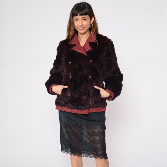 Reversible Fur Coat 80s Burgundy Double Breasted Jacket Pea Coat Button Up 1980s Furry Winter Vintage Glam Party Medium