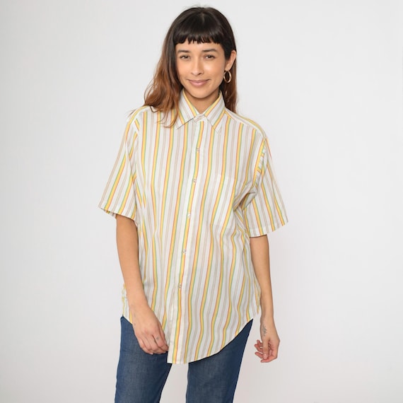 70s Striped Shirt Brooks Brothers White Button Up Yellow Red Green Pointed Collar Top Retro Short Sleeve Vintage 1970s Men's 15 1/2 Medium