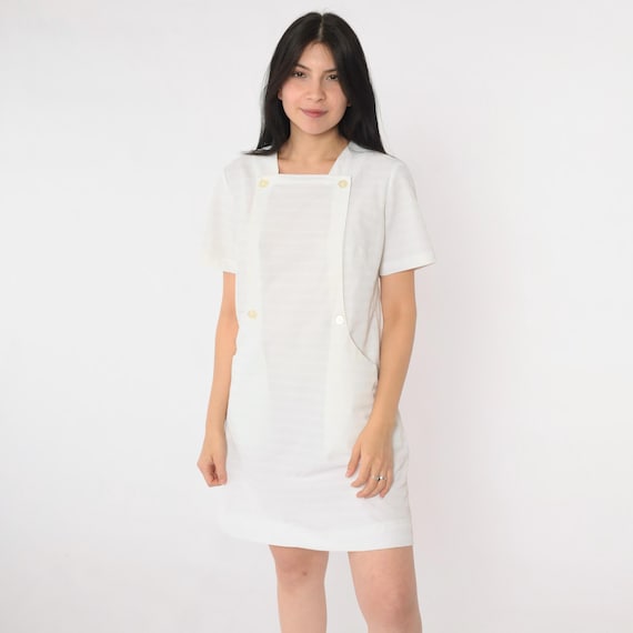 Vintage 60s Nurse Dress White Mini Dress Uniform Mod Costume Twiggy Short Sleeve Sixties 1960s Plain Retro MiniDress Small S