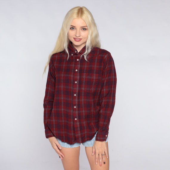 Vintage Red Plaid Shirt Y2k Flannel Button Up Shirt Retro Grunge Boyfriend Top Lumberjack Long Sleeve Blue Collared Streetwear 00s Small S