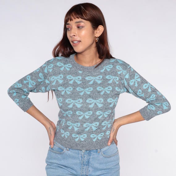 80s Bow Sweater Gray Grey Turquoise Aqua Blue Cropped Pullover Long Sleeve Crew Neck Ribbed Knit Preppy Vintage Cute Feminine Extra Small XS