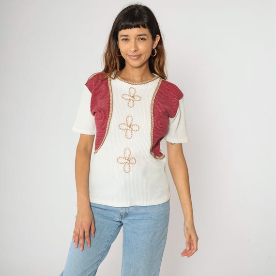 Vintage Floral Knit Top 90s White Burgundy Color Block Shirt Embroidered Short Sleeve Sweater Flower Print Retro 1990s Medium M