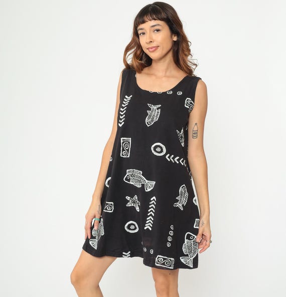 Y2k Fish Tank Dress Black Beach Mini Dress Boho Grunge Starfish Petroglyph Print Retro Bohemian Summer Day Shift Vintage 00s Medium M