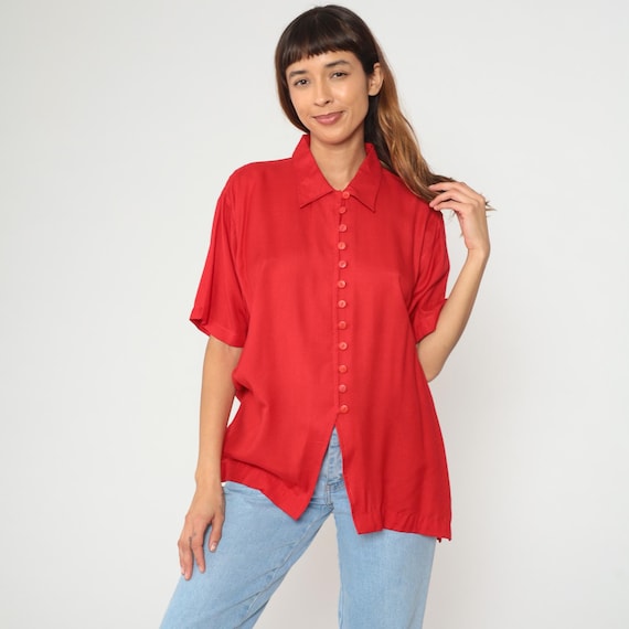Red Collared Shirt 90s Button Front Short Sleeve Collar Blouse Vintage Tunic Length Basic Top Relaxed Fit Minimalist Casual Office Medium M