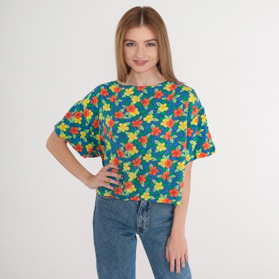 Tropical Floral Shirt 90s Blue Hawaiian Blouse Hibiscus Flower Leaf Print Top Boxy Summer Hippie Green Orange Yellow Vintage 1990s Small S