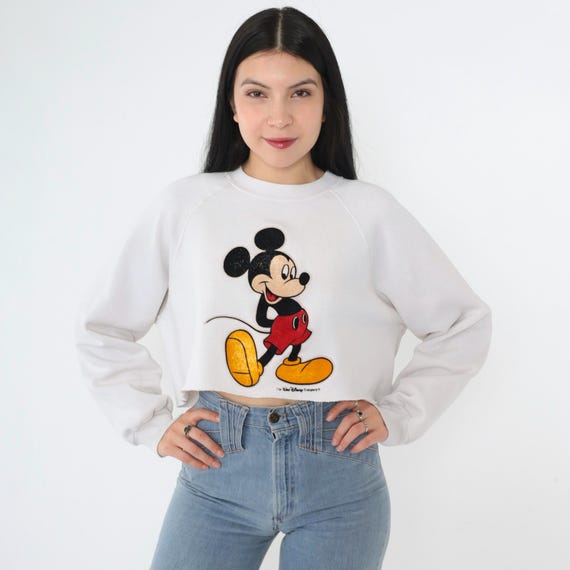 Vintage Mickey Mouse Sweatshirt 90s Cropped Disney Sweater Disneyland Kawaii Shirt 1990s Cartoon Crewneck Retro Raglan Sleeve Medium Large