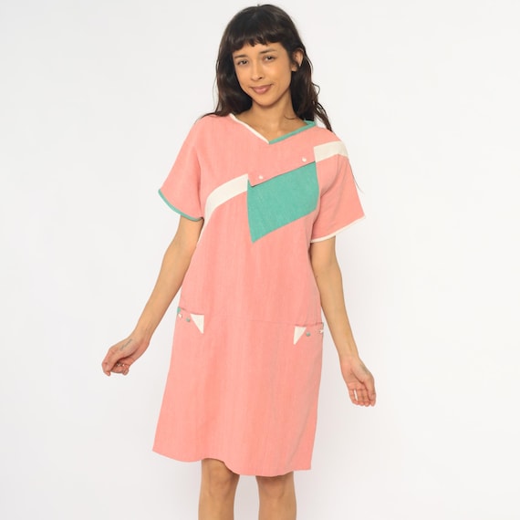 90s Colorblock Garden Dress Coral Pink Teal White Geometric Shift Pockets Knee Length Cotton Vintage T Shirt Style Summer Casual Large L