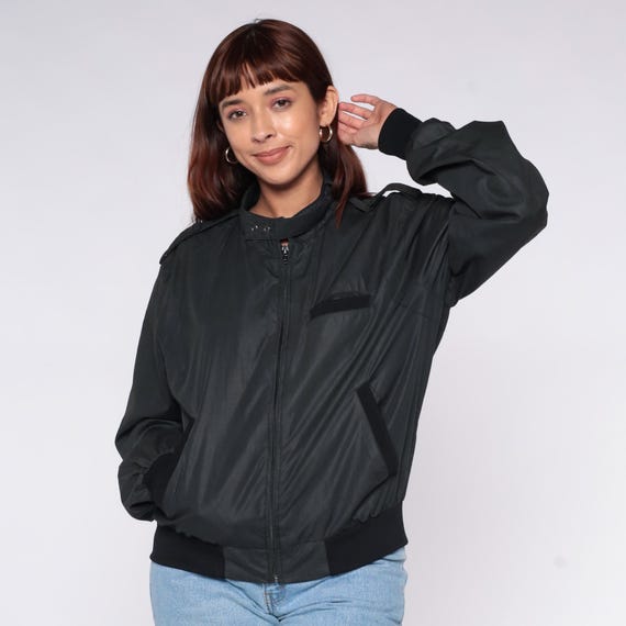 80s Black Bomber Jacket Windbreaker Flight Style Zip Front Shoulder Epaulettes Ribbed Knit Trim Athletic Sporty Streetwear Vintage Large L