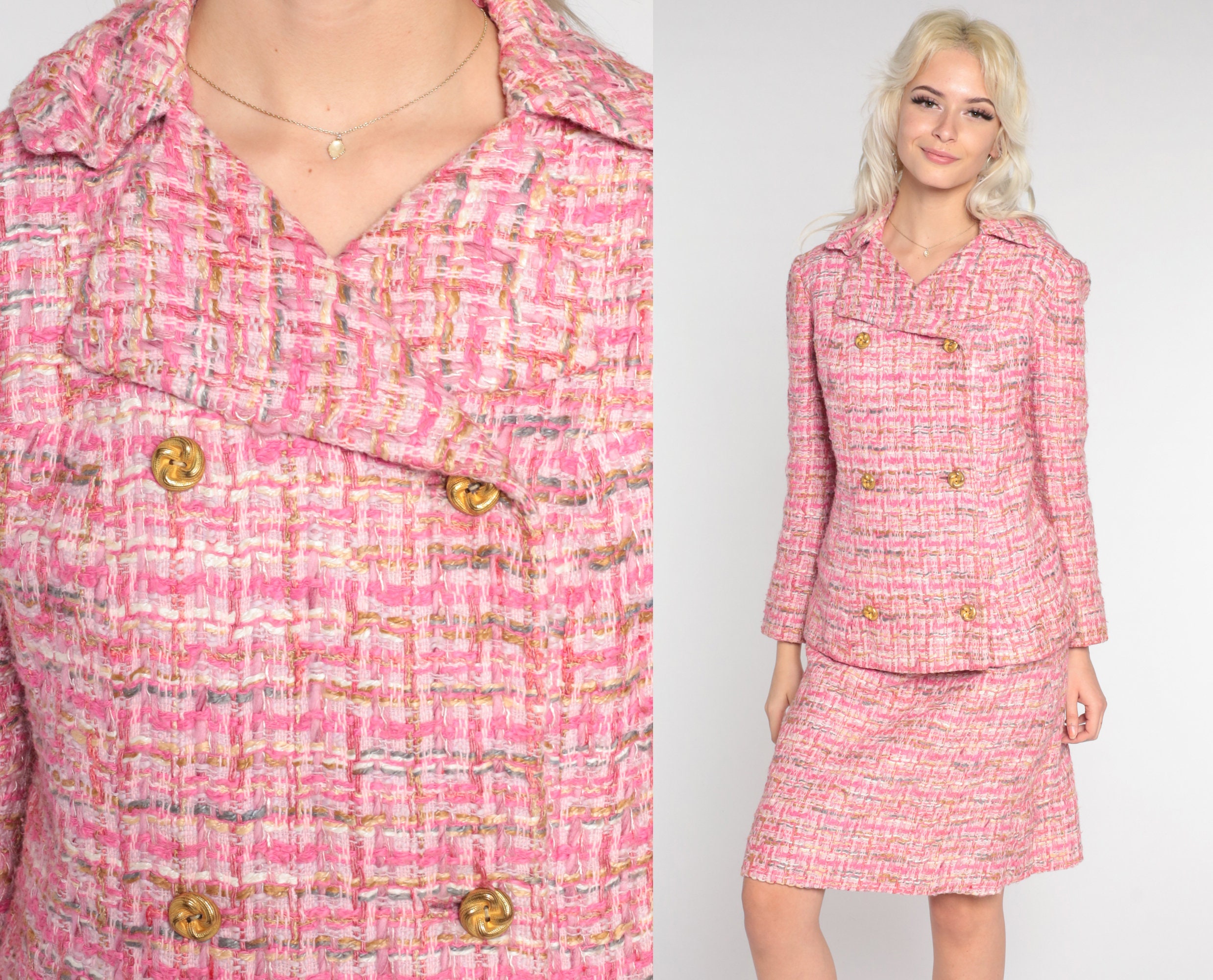60s Dress Suit Pink Tweed Plaid Boucle JACKET and SKIRT Two 