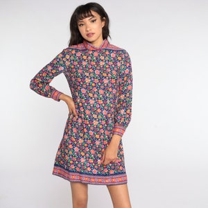 60s Mini Dress Psychedelic Floral Shift Mod Hippie 70s Boho Flower Power Vintage 1970s Long Balloon Sleeve Bohemian Blue Purple Small S