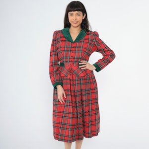 Vintage 80s Red Plaid Dress Lanz Originals Velvet Trim Long Puff Sleeve Dress Tartan High Waisted Peplum Button Up Checkered Medium 8