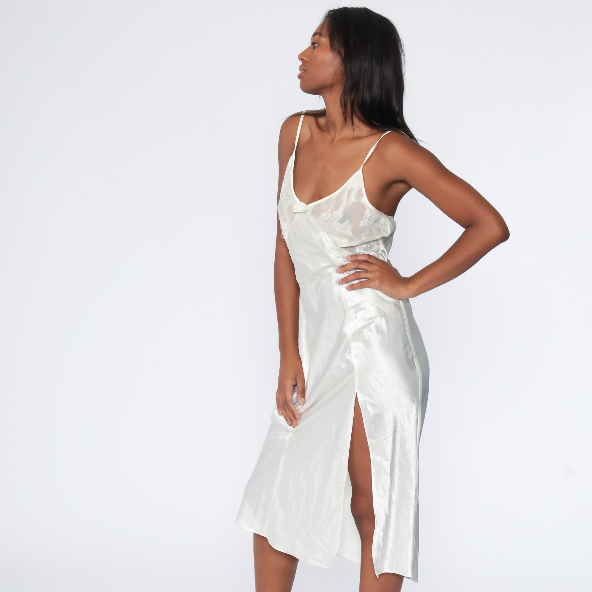 Satin Nightgown White Slip Dress Maxi Embossed Lace Lingerie Vintage