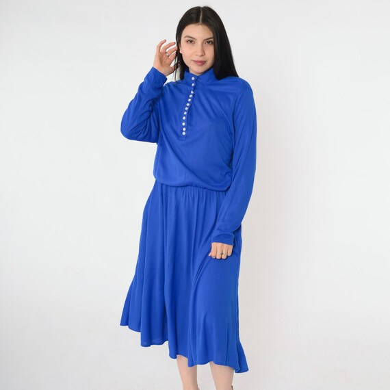 80s Royal Blue Midi Dress Vintage Button Up Henley Shirtdress Blouson Long Sleeve 1980s Casual High Elastic Waist Plain Jersey Medium
