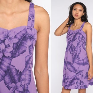 80s Tropical Dress Purple FLORAL Print Sundress Mini Hawaiian Dress Sweetheart Neckline Dress Print Vintage Sheath Extra Small xs
