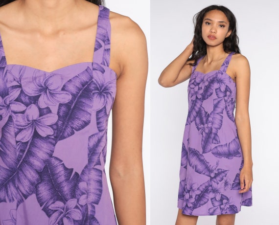 80s Tropical Dress Purple FLORAL Print Sundress Mini Hawaiian Dress Sweetheart Neckline Dress Print Vintage Sheath Extra Small xs