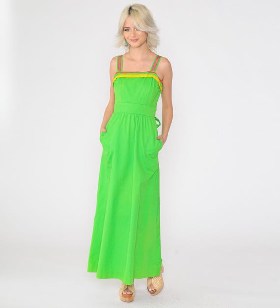 70s Bright Green Summer Dress Sundress Retro Sleeveless Dress Bohemian Maxi Dress High Waisted Striped Trim Vintage 1970s Extra Small xs