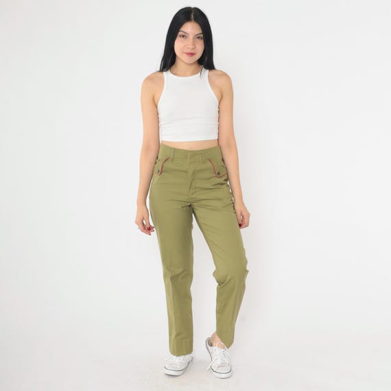 Vintage 60s Boy Scouts Uniform Pants Olive Green Straight Leg High Waist 1960s Red Trim Pockets Utility Army Style Small S