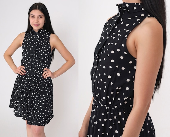 Polka Dot Dress 90s Black and White Button up Mini Dress Collared Sundress Sleeveless Day Retro Vintage 1990s Ed Michaels Extra Small xs