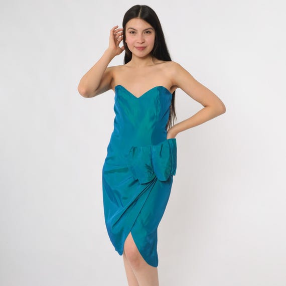 Teal Prom Dress 80s Strapless Sweetheart Bow Detail Knee Length Cocktail Party Vintage Formal Dance Homecoming Princess Glamour Small 6