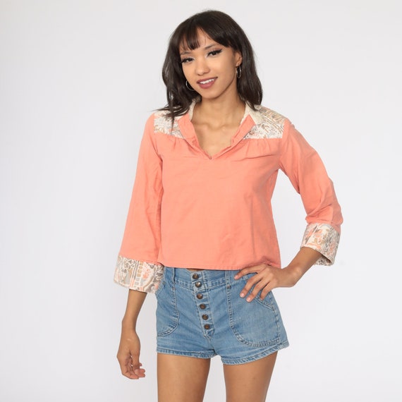 Orange Cotton Tunic Top Hippie Blouse 70s You Babes Hippie Shirt Wide Sleeve Boho Top 1970s Bohemian Long Sleeve Extra Small xs
