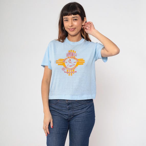 80s Albuquerque Softball T-Shirt Vintage Women's A Fast Pitch Baby Blue Cropped Single Stitch Graphic Tee 1984 Sports 1980s Tshirt Medium