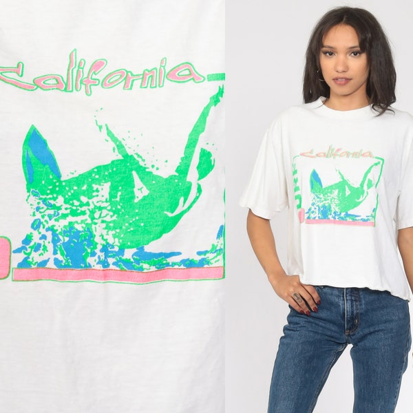 90s Surfer Shirt California T Shirt White Green Crop Top Neon Surf Tshirt 1990s Vintage Graphic Tee Large L
