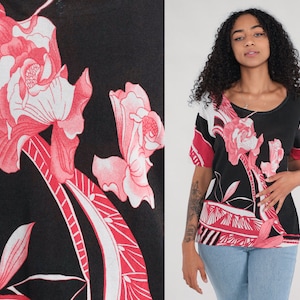 Floral Knit Shirt Y2K Black Pink Top Abstract Shirt Retro Blouse Short Sleeve Vintage 00s Rayon Nylon Extra Large xl