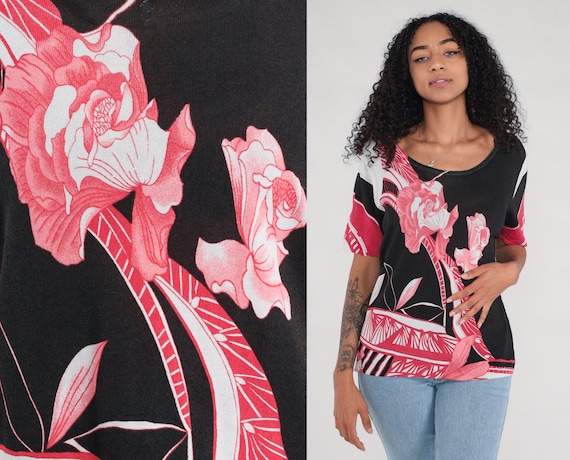 Floral Knit Shirt Y2K Black Pink Top Abstract Shirt Retro Blouse Short Sleeve Vintage 00s Rayon Nylon Extra Large xl
