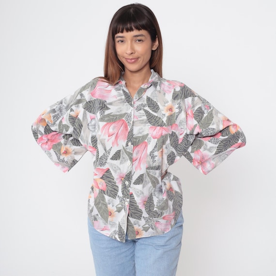 90s Floral Print Button Down Shirt Pink Orange Green Tropical Leaf Pattern Box Office Oversized Long Sleeve Collared Tropical Blouse Large L