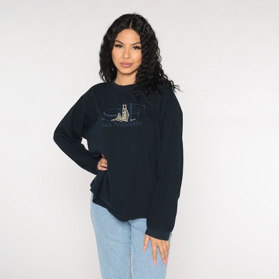 San Francisco Shirt Y2K Golden Gate Bridge Embroidered Long Sleeve California Tee Tourist Travel Navy Blue Vintage 00s Extra Large xl