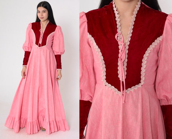Pink Prairie Gown 70s Western Maxi Dress Red Velvet Long Balloon Puff Sleeve Lace Up V Neck Bohemian Prairiecore Boho Vintage 1970s Small S