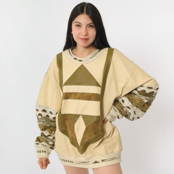 Vintage Patchwork Leather Sweater 80s 90s Cream Geometric Slouchy Patch Olive Green Brown 1980s Acrylic Knit Slouch Crewneck Large L