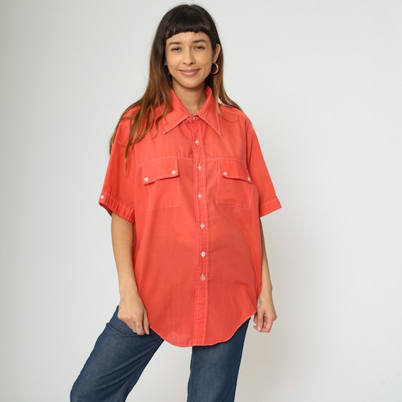 70s Marlboro Western Shirt Thin Orange Button Down Short Sleeve Semi-Sheer Vintage 1970s Shirt Dagger Collar Shirt Men's 17 - 17 1/2 Large