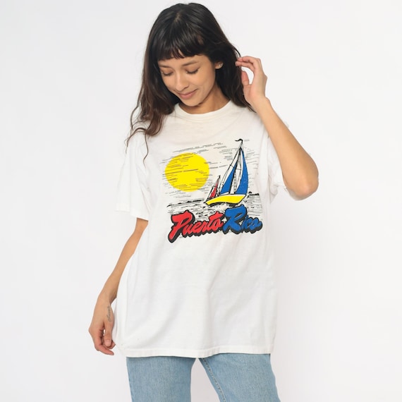 Puerto Rico  T-Shirt Sailboat Graphic 90s White Cotton Vintage Tourist Souvenir Beach Sun Ocean Nautical Tropical Island Vacation Large L