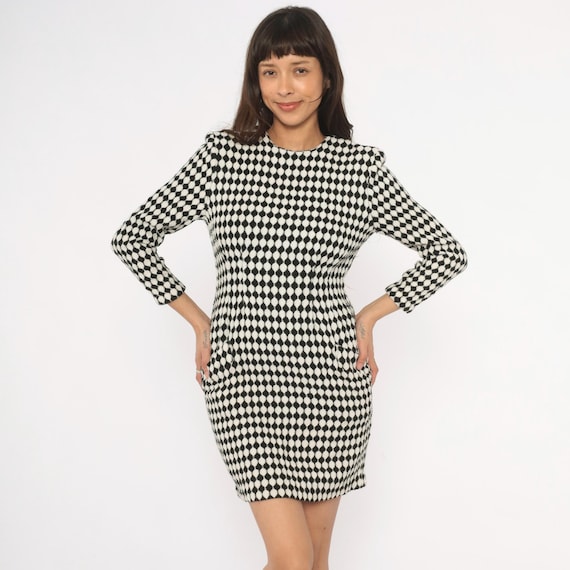90s Checkerboard Dress Black Cream Diamond Pattern Shift Three Quarter Sleeve Mini Ivory Mod 60s Style Gothic Grunge Alt Night Out Small S