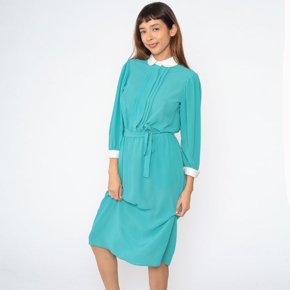 Sheer Turquoise Dress 80s Peter Pan Collar Dress Midi Dress Day Pleated High Waisted Long Puff Sleeve Vintage 1980s Belted Small Medium